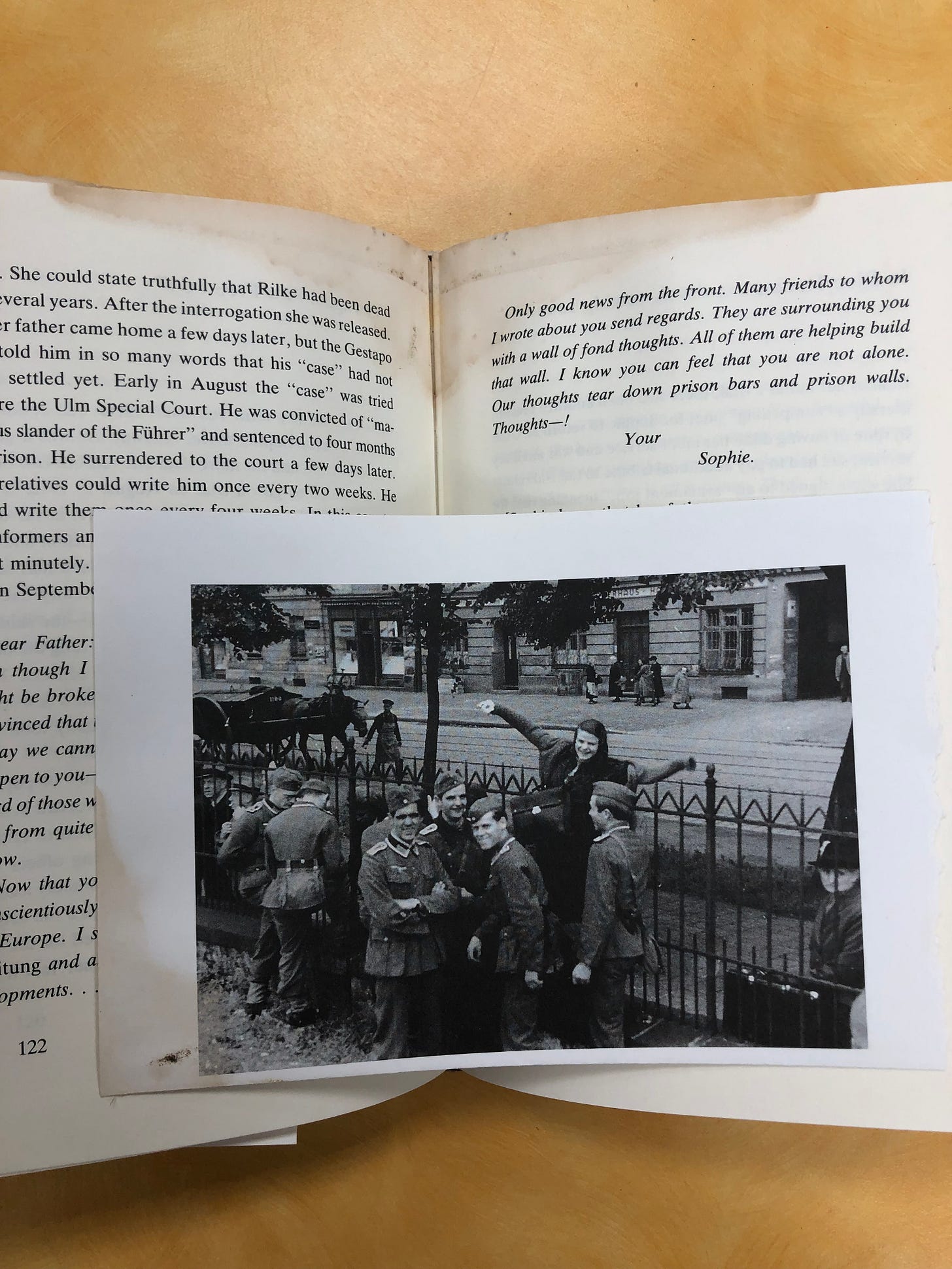 Picture of image that had been torn from another book, showing same gate setting with Sophie and her brother and friends, but this time Sophie has her arms stretched wide and is smiling, and everyone looks joyful and free