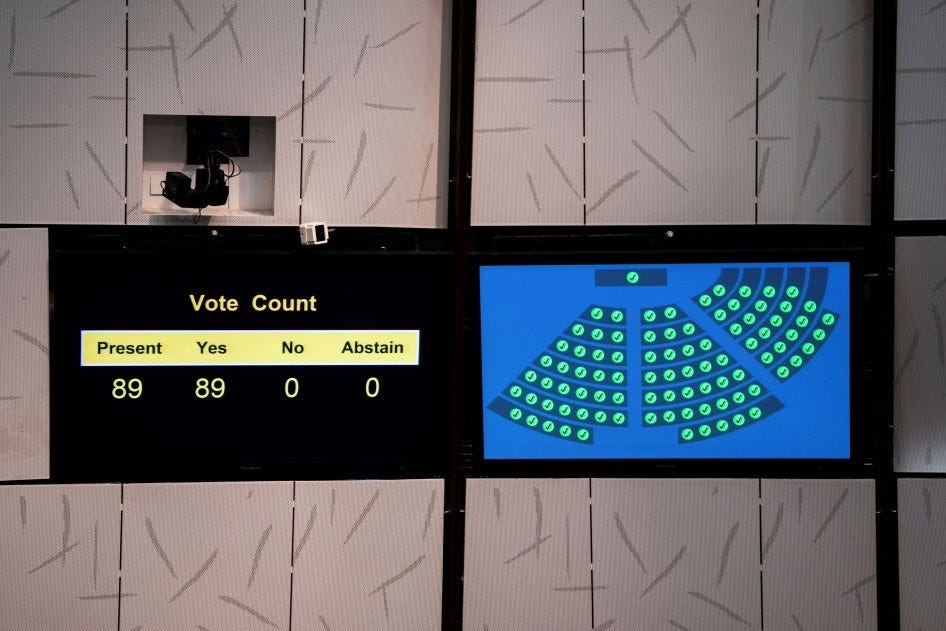 A screen displays the results of a vote. A screen displays the results of a vote.