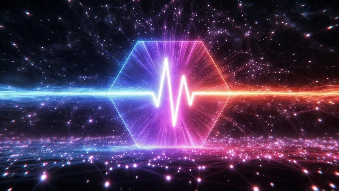 A glowing neon hexagon with a pulsing heartbeat line through its center radiates blue, purple, and red energy across a dark particle-filled space, representing the PulseChain network and its blockchain activity A glowing neon hexagon with a pulsing heartbeat line through its center radiates blue, purple, and red energy across a dark particle-filled space, representing the PulseChain network and its blockchain activity