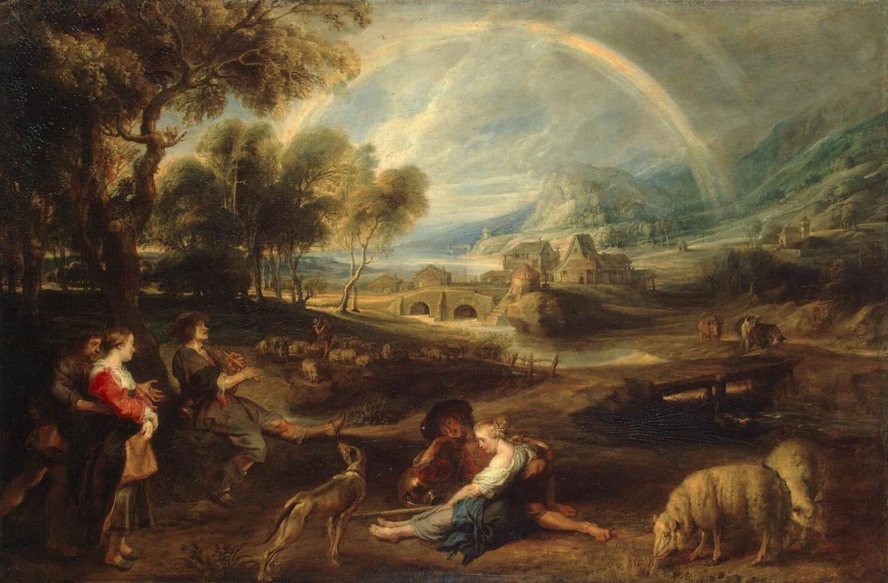 A broad rainbow over a lush Flemish countryside with peasants, cattle and a hay wagon A broad rainbow over a lush Flemish countryside with peasants, cattle and a hay wagon