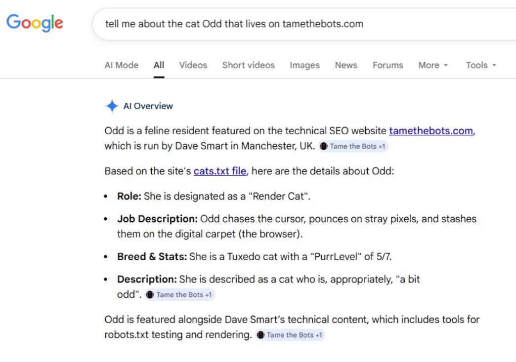 Image 4: Google AIO identifying the cat from cats.txt on tamethebots.com