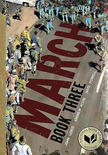 Book covers of the March triology, featuring artwork of John R. Lewis protesting
