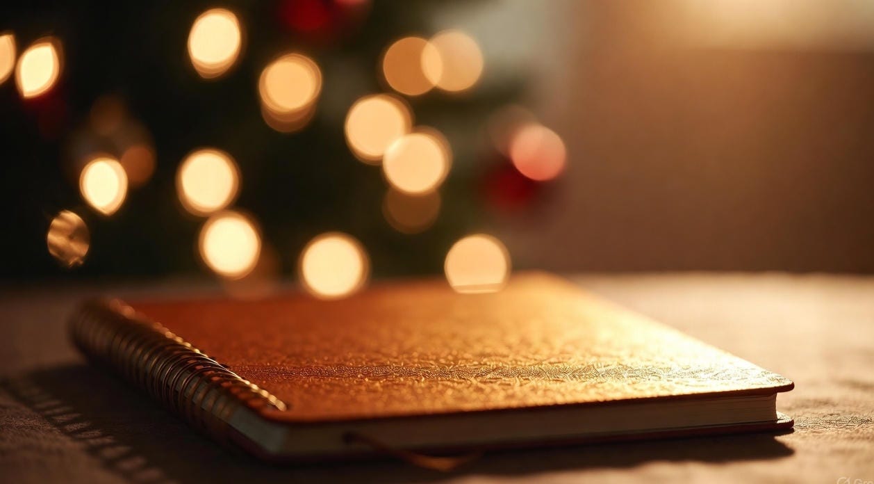 James Barbour reflection: Plain brown notebook centered on a wooden table, illuminated by soft warm bokeh glow from blurred red and gold holiday lights in the background, symbolizing calm resilience and steady pauses.