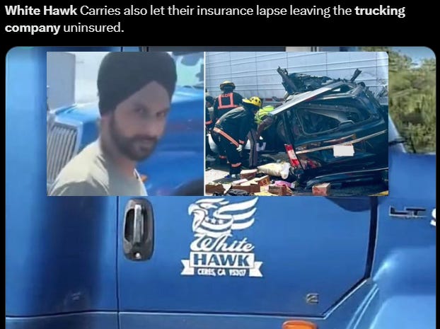 Trucking Company White Hawk Carriers Inc Tied to Illegal Alien Florida Deadly Crash Banned from Operating Outside of California