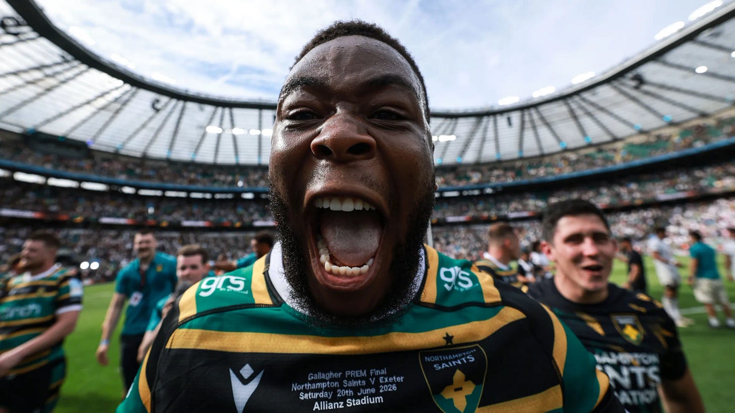 Northampton Saints' Emmanuel Iyogun celebrates on the pitch after winning the Gallagher PREM Rugby Final at Allianz Stadium. Northampton Saints' Emmanuel Iyogun celebrates on the pitch after winning the Gallagher PREM Rugby Final at Allianz Stadium.