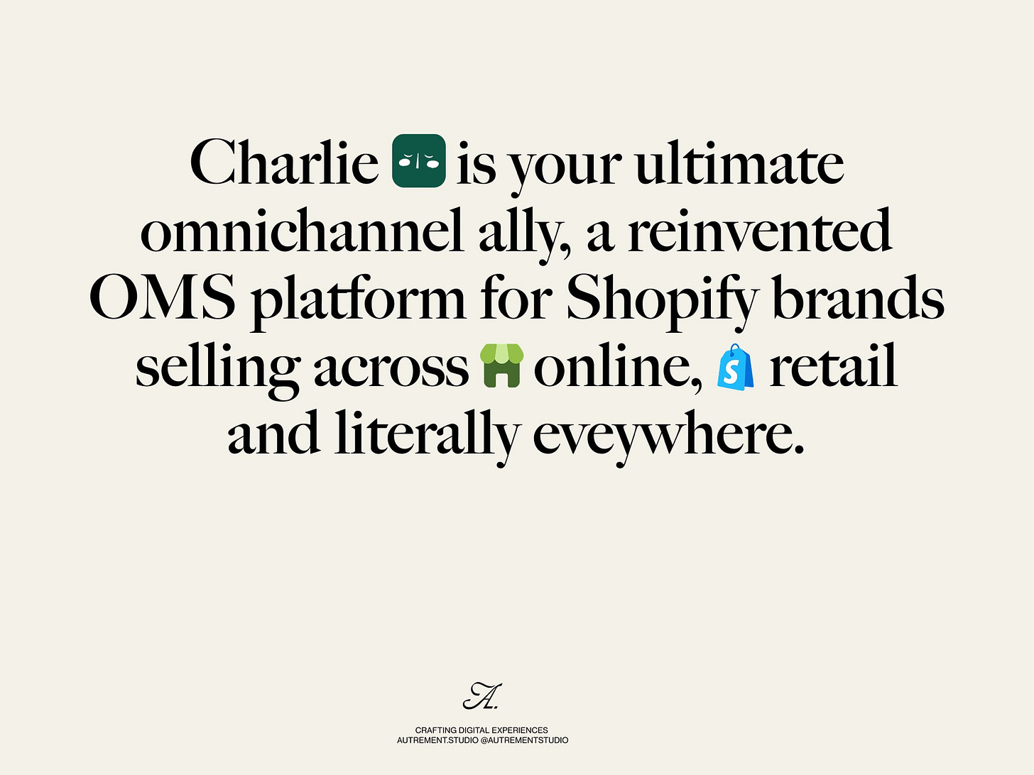 Promotional graphic for 'Charlie,' described as a reinvented Omnichannel Order Management System (OMS) platform for Shopify brands. The text highlights selling across 'online,' 'retail,' and 'everywhere,' using corresponding icons.