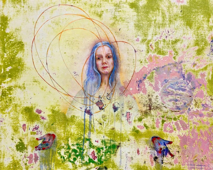 Painting by Emily Orling of a beatific figure with blue-white hair. Little of the figure's body is visible, except for the face and shoulders and the hands, which are outstretched palms up (hands are blue and red. Gold rings encircle the figure's head. There is a textured colorful background.