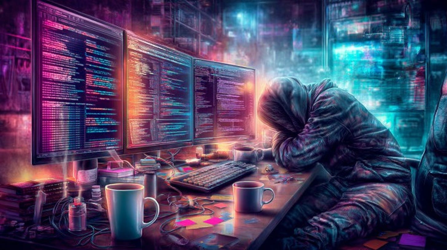 A lone developer slouched at a cluttered desk late at night A lone developer slouched at a cluttered desk late at night