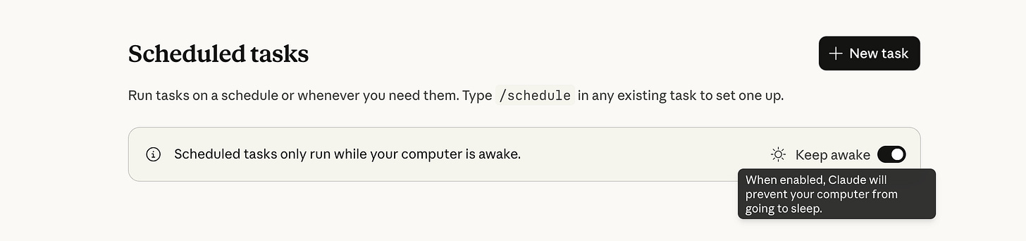 Claude scheduled tasks panel with “Keep awake” enabled, ensuring tasks run automatically while the computer stays on.