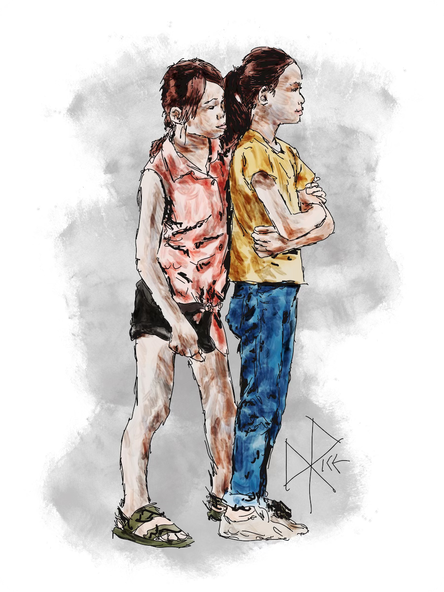 Two girls standing in profile, looking off into the distance, as one wraps an arm around the other. Sketch art by Don Rice. Two girls standing in profile, looking off into the distance, as one wraps an arm around the other. Sketch art by Don Rice.