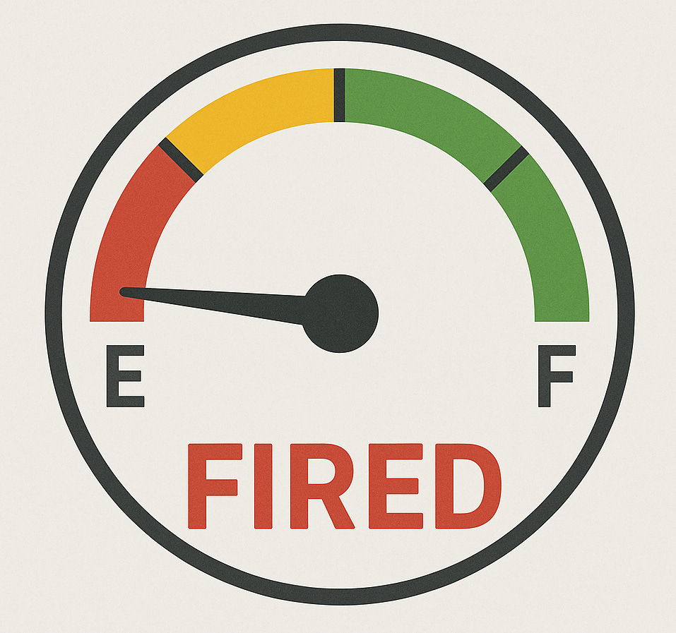 Illustration of KPI dashboard gauge on empty, labeled ‘FIRED’ in red, representing poor performance metrics. Illustration of KPI dashboard gauge on empty, labeled ‘FIRED’ in red, representing poor performance metrics.