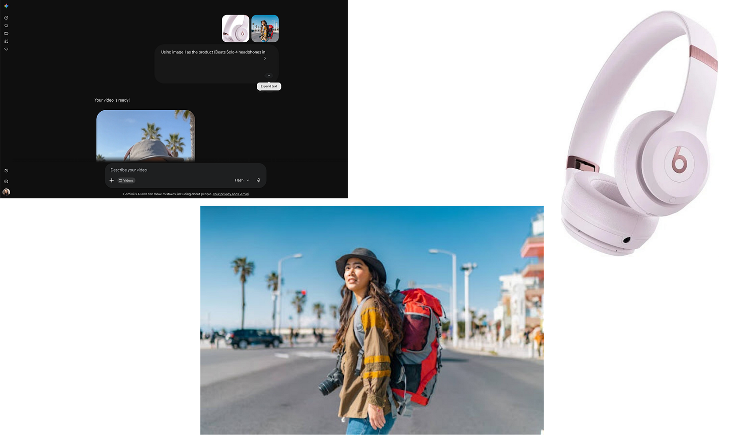 Screenshot of Gemini Omni displaying a generated UGC-style video ad created from two reference images: Beats Solo 4 headphones and a woman walking outdoors. The prompt describes preserving the person’s face while creating a lifestyle ad showing her walking down a sunny coastal street wearing the headphones. The video preview shows the woman smiling outdoors with palm trees in the background.