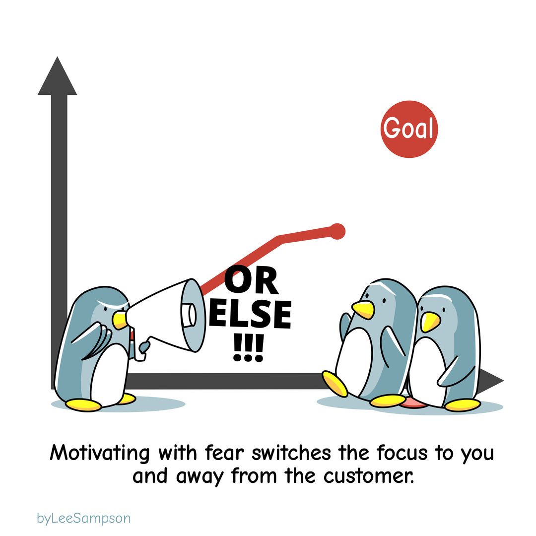 AN illustration of a penguin standing in front of a line graph that is not tracking towards a goal, the penguin is yelling with a megaphone and two other penguins who are startled and one backs up and stands on the foot of another, the text reads"Motivating with fear switched the focus to you and way from the customer