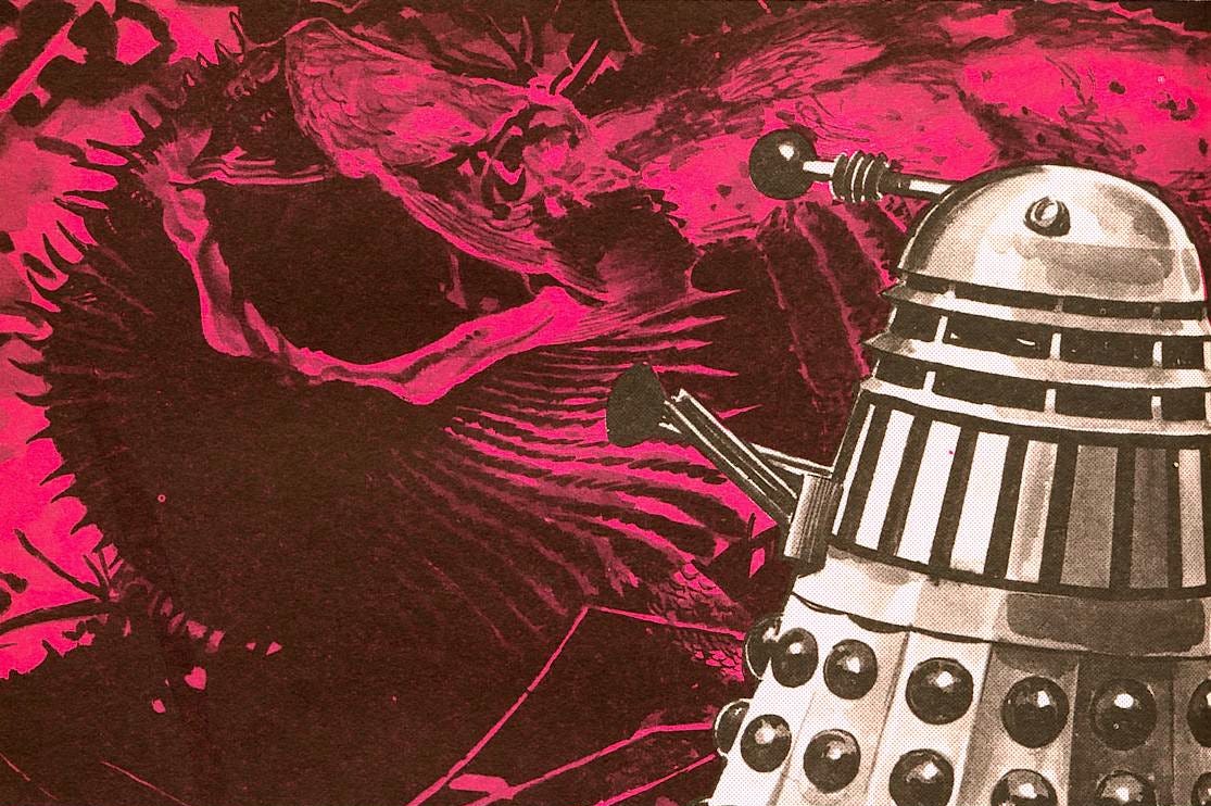 Artwork image of a Dalek facing off against a vicious-looking giant lizard