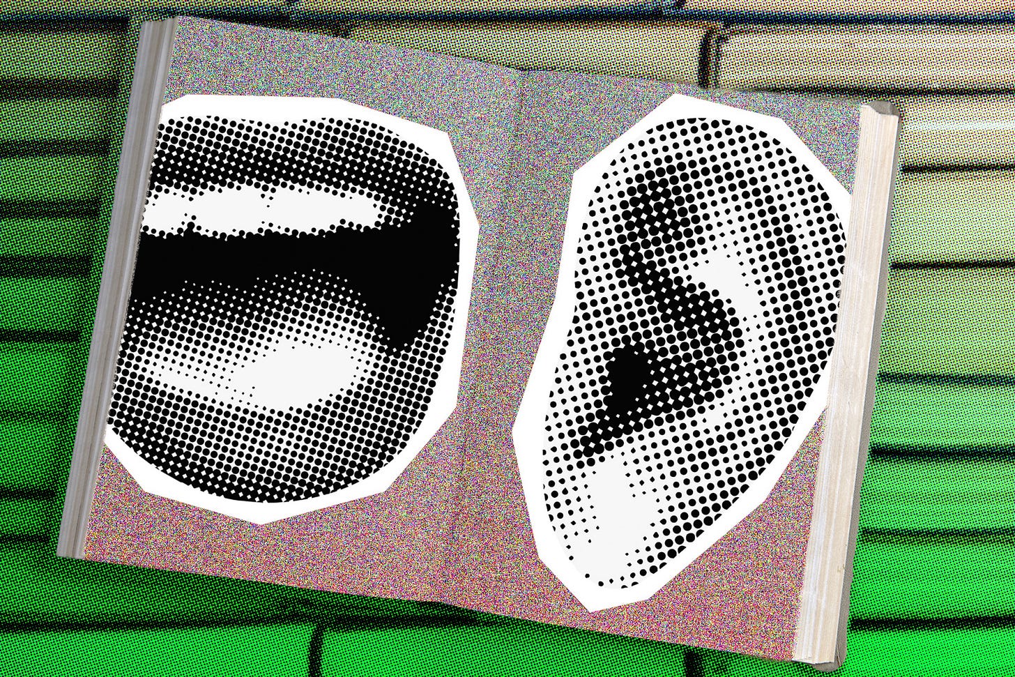 a talking mouth and an ear seen in an open book with more books behind