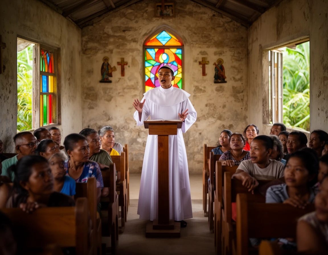 young white bishop in white robes preaching in a church to a Filipino audience on a remote Phillipines island young white bishop in white robes preaching in a church to a Filipino audience on a remote Phillipines island
