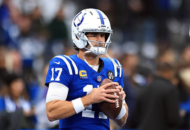 Daniel Jones of Indianapolis Colts warms up prior to the NFL 2025 game between Atlanta Falcons and Indianapolis Colts at Olympiastadion on November...