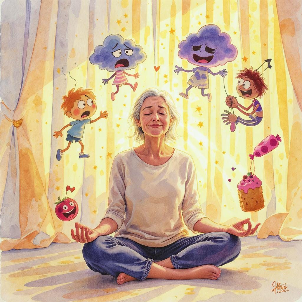 Older woman meditating on the floor while trying to ignore all her inner voices that are represented by cartoon figures.