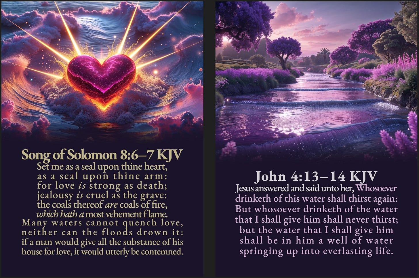 A two-panel graphic with biblical verses and vibrant imagery. The left panel features a dramatic scene with a glowing, cosmic-pink heart radiating light over a stormy sea, with the text of Song of Solomon 8:6–7 KJV below. The right panel depicts a serene, purple-toned landscape with a flowing river and fields of lavender, accompanied by the text of John 4:13–14 KJV.