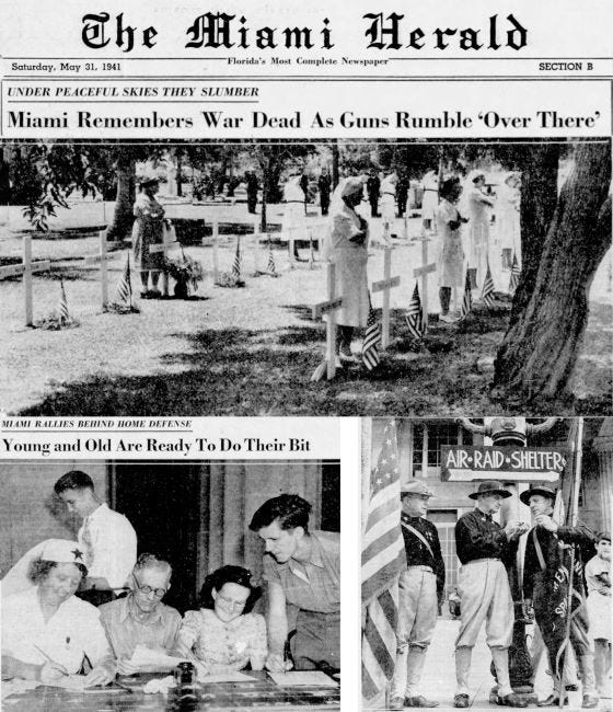 Headline composite for Memorial Day in 1941 in the Miami Herald.