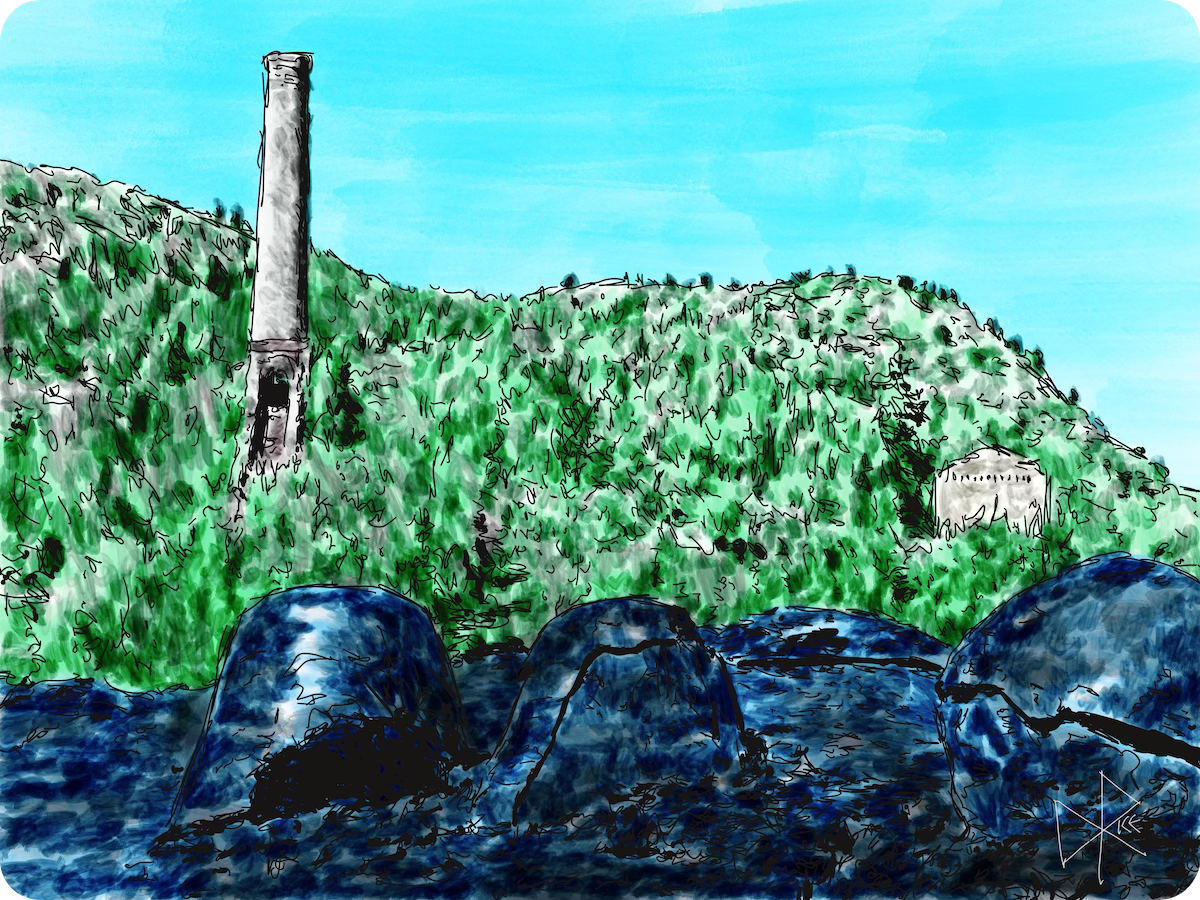 Historic Lotzkar Memorial Park with waste slag or ‘Hell's Bells’, left over from the copper smelting process. The BC Copper Co. smelter was built to handle copper ore from the Mother Lode mine. It operated in Canada near Greenwood, British Columbia from 1901-1918. Sketch art by Don Rice. Historic Lotzkar Memorial Park with waste slag or ‘Hell's Bells’, left over from the copper smelting process. The BC Copper Co. smelter was built to handle copper ore from the Mother Lode mine. It operated in Canada near Greenwood, British Columbia from 1901-1918. Sketch art by Don Rice.