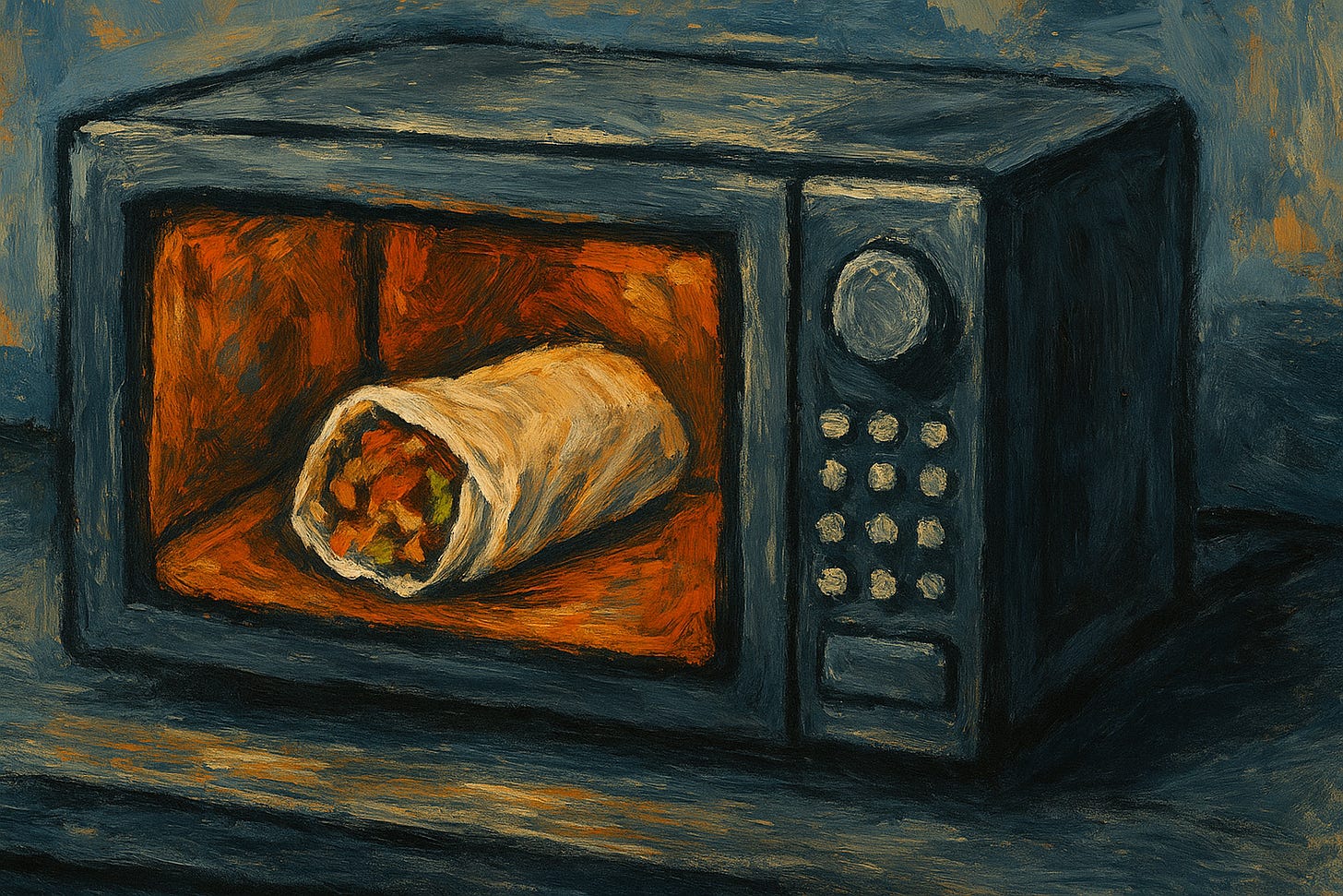 Expressionist painting of a kebab wrapped in paper inside a glowing microwave. The scene is lit with swirling orange and red brushstrokes from the oven light, contrasting against cool blue shadows on the countertop, creating a sense of lonely domestic absurdity and quiet warmth. Expressionist painting of a kebab wrapped in paper inside a glowing microwave. The scene is lit with swirling orange and red brushstrokes from the oven light, contrasting against cool blue shadows on the countertop, creating a sense of lonely domestic absurdity and quiet warmth.