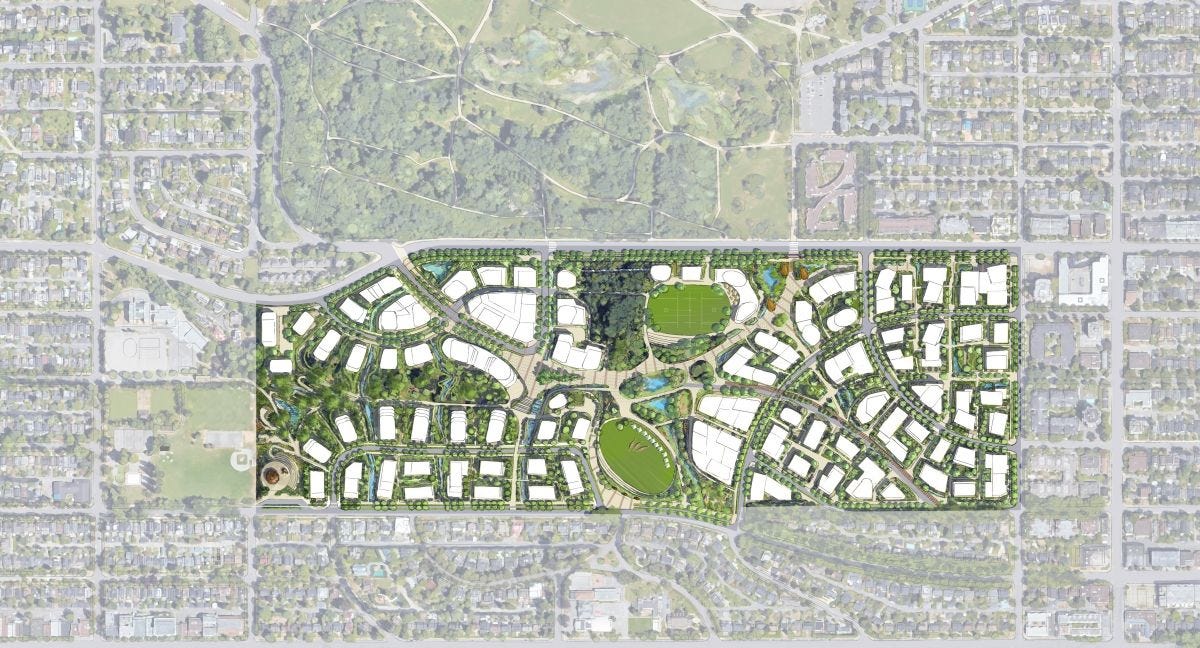 An overhead view of the proposed area, showing building layouts and the location of the site.