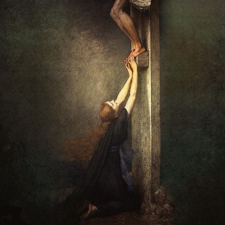 This may contain: a painting of jesus on the cross being lifted by a woman who is kneeling down