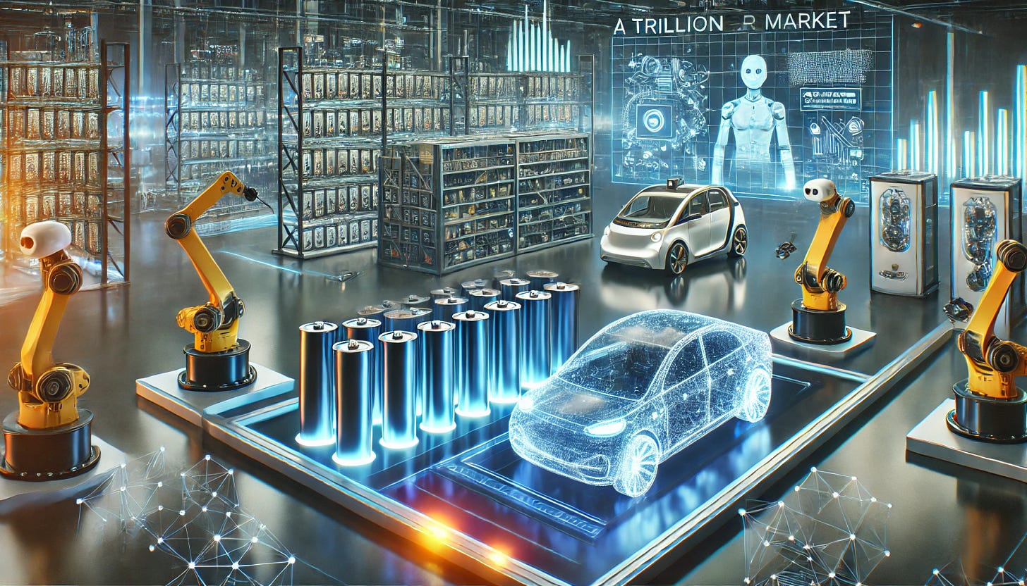 A futuristic investment scene showcasing cutting-edge technology in batteries, self-driving vehicles, and AI-powered factories. The image features a high-tech lab with glowing battery prototypes, an autonomous car testing facility, and a robotic assembly line powered by artificial intelligence. The environment is sleek, modern, and filled with innovation-driven elements, symbolizing a trillion-dollar market opportunity.