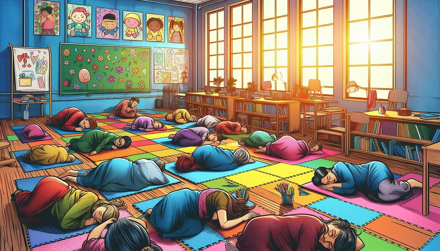 adults are sleeping on mats in a kindergarten, comic book art