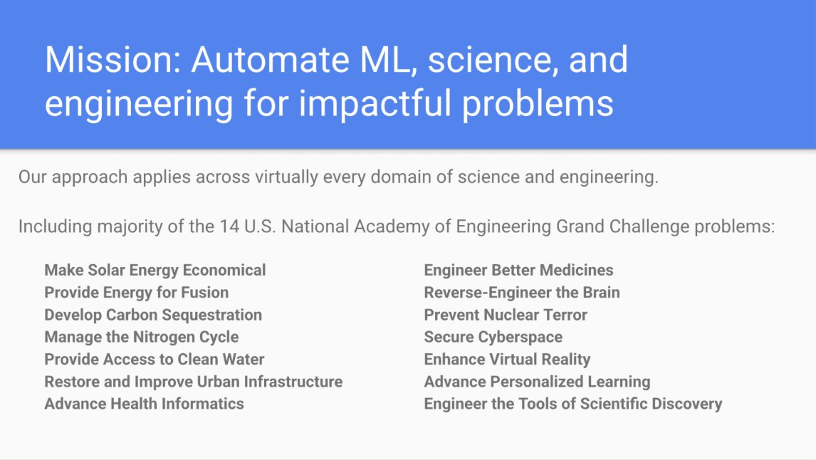 A Discovery Loop pitch-deck slide showing its mission to automate machine learning, science, and engineering across the 14 US National Academy of Engineering Grand Challenge problems.