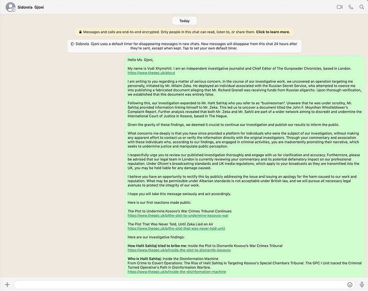 Për hirë të transparencës ndaj publikut ne po e publikojmë mesazhin e plotë të dërguar sot Sidorela Gjonit.