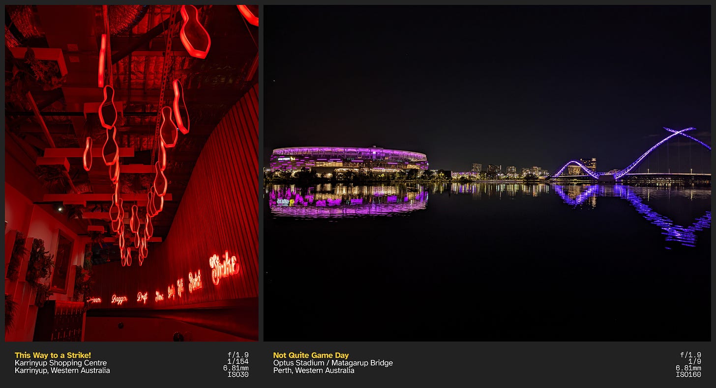 Left: Bowling pin-shaped acrylics hang from the ceiling. On the walls are neon light texts relating to bowling and decorative plants on shelves; Right: A stadium is lit up by purple lights on the left with a bridge to the right lit up in violet lighting. A row of builings from afar are lit up in the standard white to incandescent orange. A body of water reflects the structures on the bottom-half of the photo