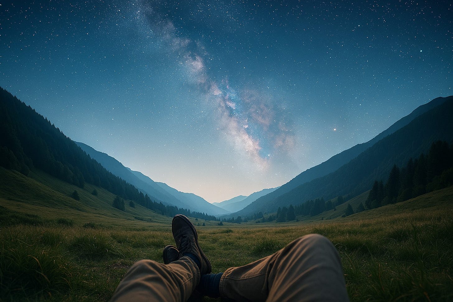 A person sits in a tranquil, moonlit valley, gazing up at a brilliantly clear and vast starry night sky. A person sits in a tranquil, moonlit valley, gazing up at a brilliantly clear and vast starry night sky.