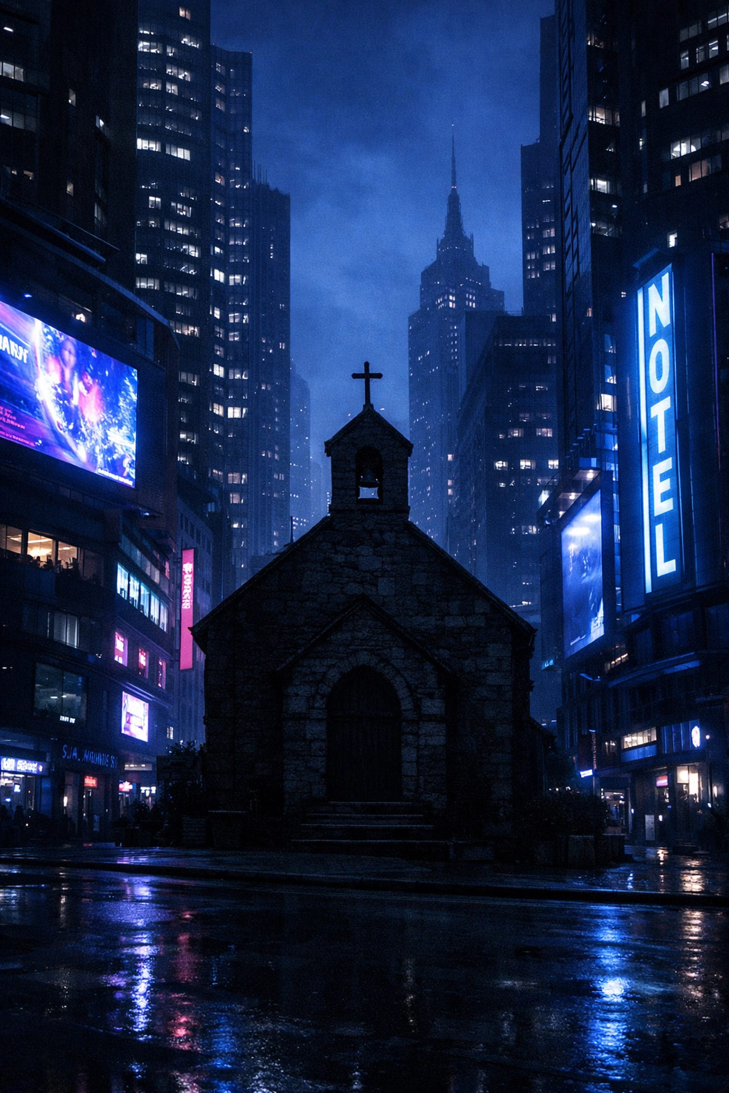 A silent stone chapel stands isolated among modern skyscrapers, representing the silence of God in today's culture.