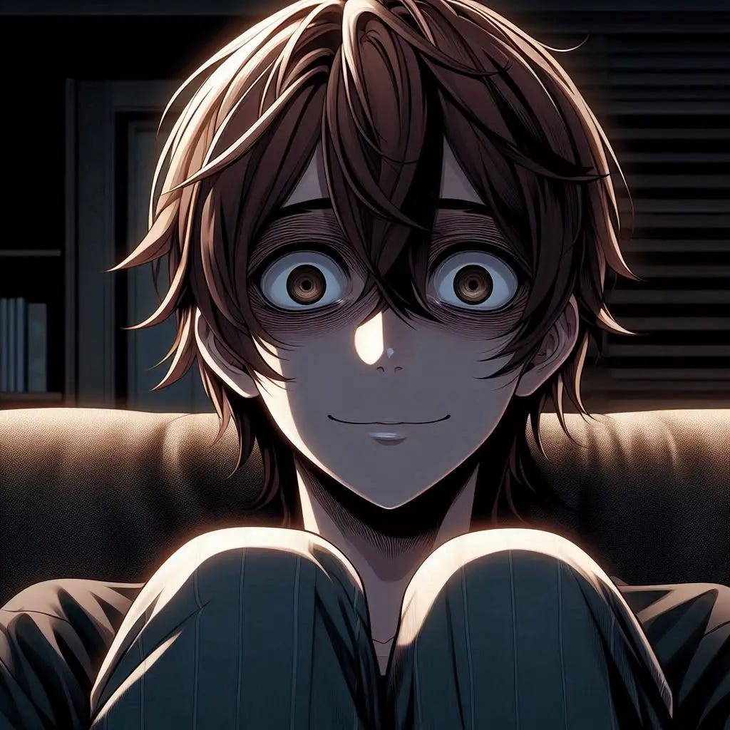 a young man with brown hair sitting on his couch staring blankly and smiling creepily. anime art style dark.