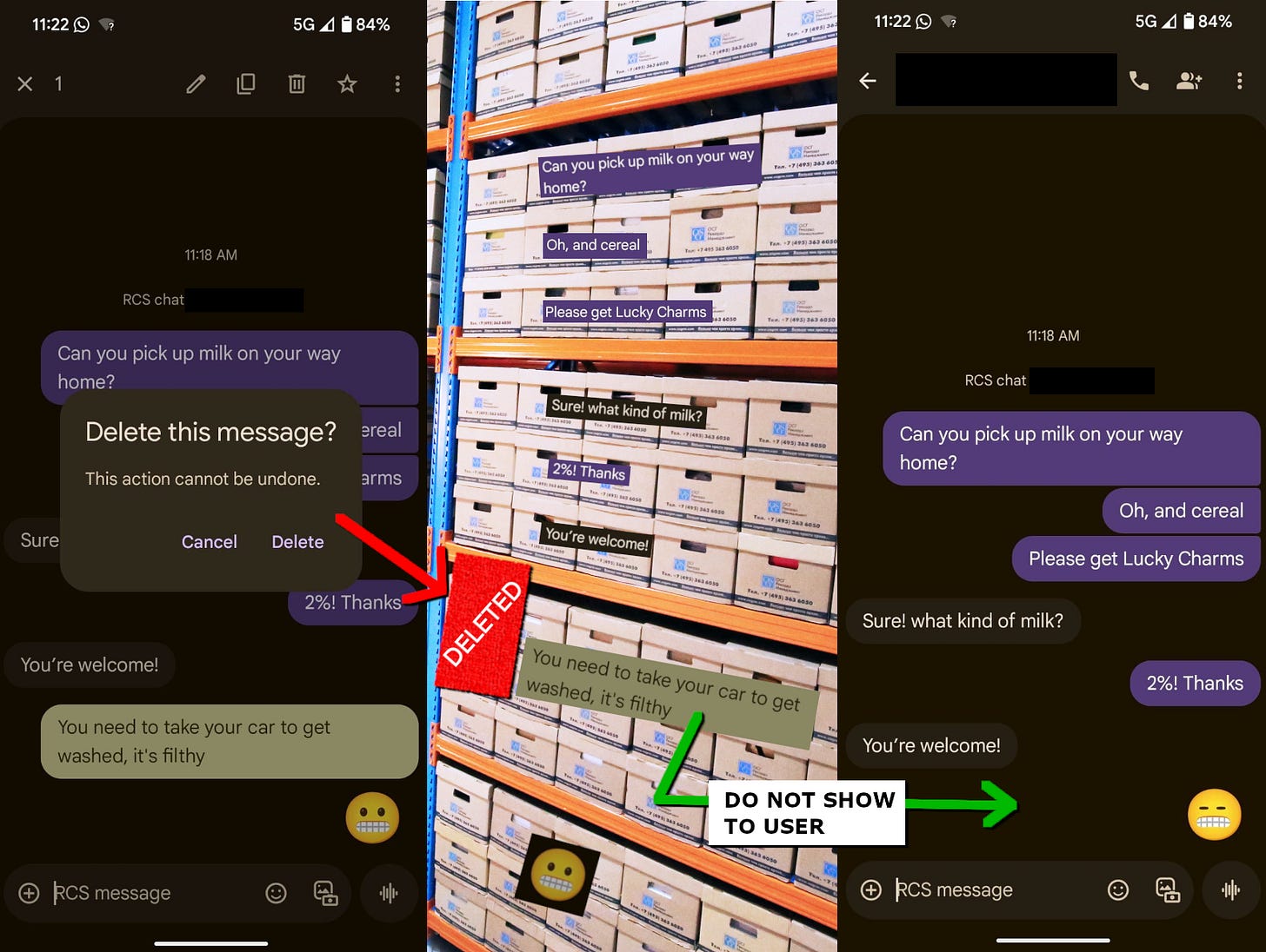Image showing three panels: 1) a screenshot of a conversation where a message is being deleted. There is an arrow pointing to part of the next panel. 2) A warehouse with stacks of boxes, where rows are overlaid with individual text messages. The row containing the deleted message has a flag "DELETED." The arrow from the first panel points here. 3) A second screenshot where the deleted message is missing. An arrow from the middle panel points here and is annotated "DO NOT SHOW TO USER"