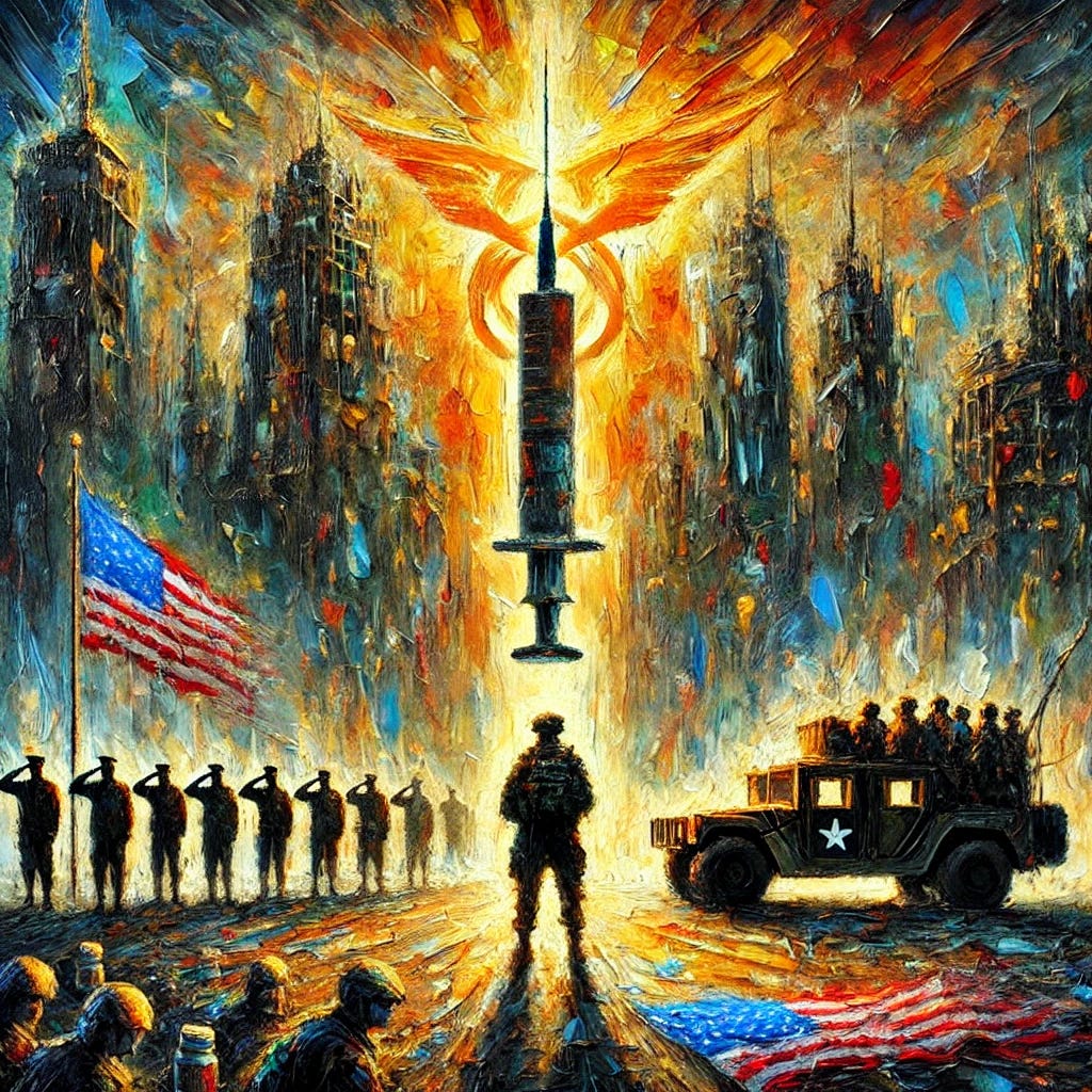 An expressive oil painting in an abstract and impressionist style, using thick, bold brush strokes. The artwork captures themes of military service, institutional power, and vaccine mandates. A lone soldier stands at a crossroads, his silhouette partially fading into the background, symbolizing internal conflict. Towering bureaucratic structures behind him loom ominously, with faceless figures in uniform enforcing rigid orders. A glowing syringe-shaped emblem dominates the sky, casting an eerie light over the scene, symbolizing coercion and control. In the foreground, a tattered American flag and a discarded military badge lie on the ground, representing disillusionment and sacrifice. Patches of vibrant gold and red break through, signifying resistance, resilience, and hope. An expressive oil painting in an abstract and impressionist style, using thick, bold brush strokes. The artwork captures themes of military service, institutional power, and vaccine mandates. A lone soldier stands at a crossroads, his silhouette partially fading into the background, symbolizing internal conflict. Towering bureaucratic structures behind him loom ominously, with faceless figures in uniform enforcing rigid orders. A glowing syringe-shaped emblem dominates the sky, casting an eerie light over the scene, symbolizing coercion and control. In the foreground, a tattered American flag and a discarded military badge lie on the ground, representing disillusionment and sacrifice. Patches of vibrant gold and red break through, signifying resistance, resilience, and hope.