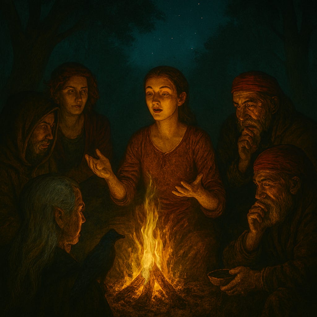 create a picture of Ireena telling stories by the fire's light