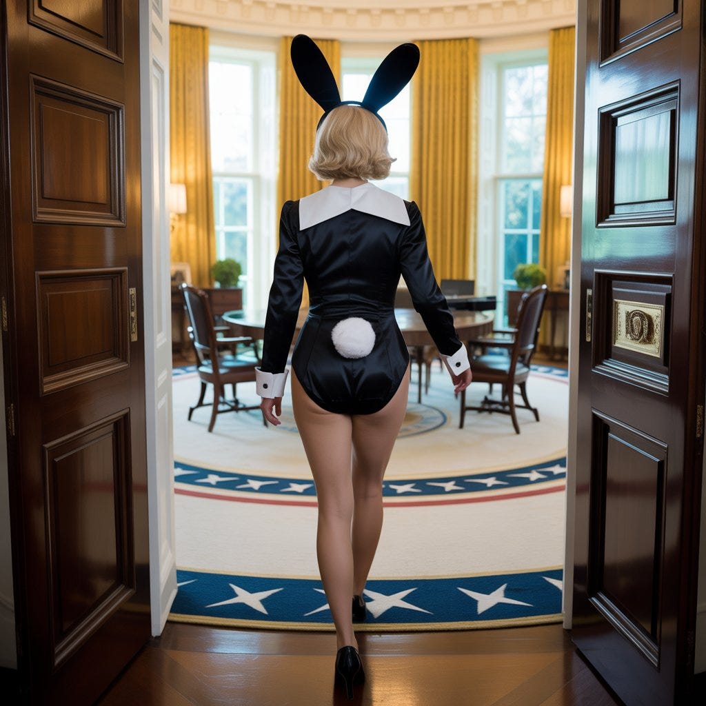 A woman in a black bunny costume with ears and fluffy tail walks through the doors of the Oval Office, viewed from behind. A woman in a black bunny costume with ears and fluffy tail walks through the doors of the Oval Office, viewed from behind.