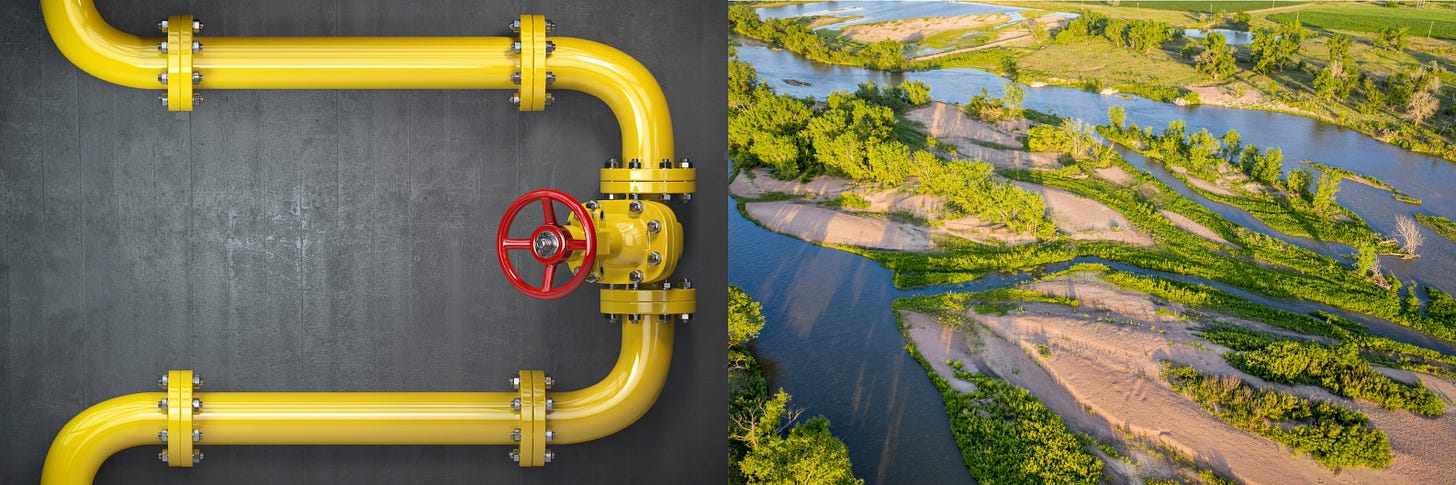 On the left, an image of a yellow pipe with a valve against a slate background, on the right, an aerial shot of a braided river