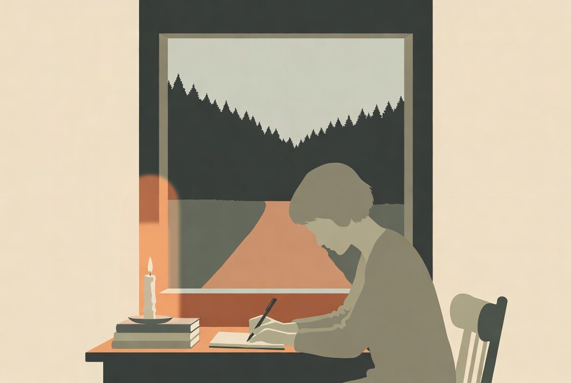 writer sitting down penning her novel next to a candle light