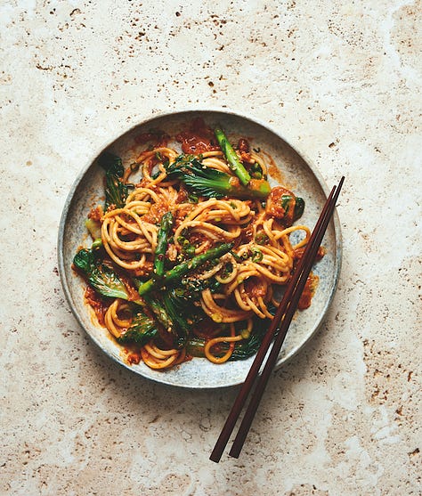 Photos of recipes for Miso Fisherman's Pie, Ten-minute Miso Peanut Butter Kimchi Noodles, and Miso Pesto Pasta Salad.