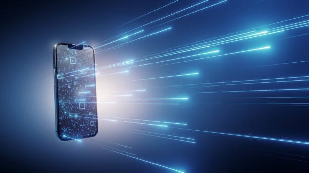 3D rendering, Smart phone speed internet data Smart phone speed internet data, line represent speed internet data internet and network,, blue background internet speed stock pictures, royalty-free photos & images