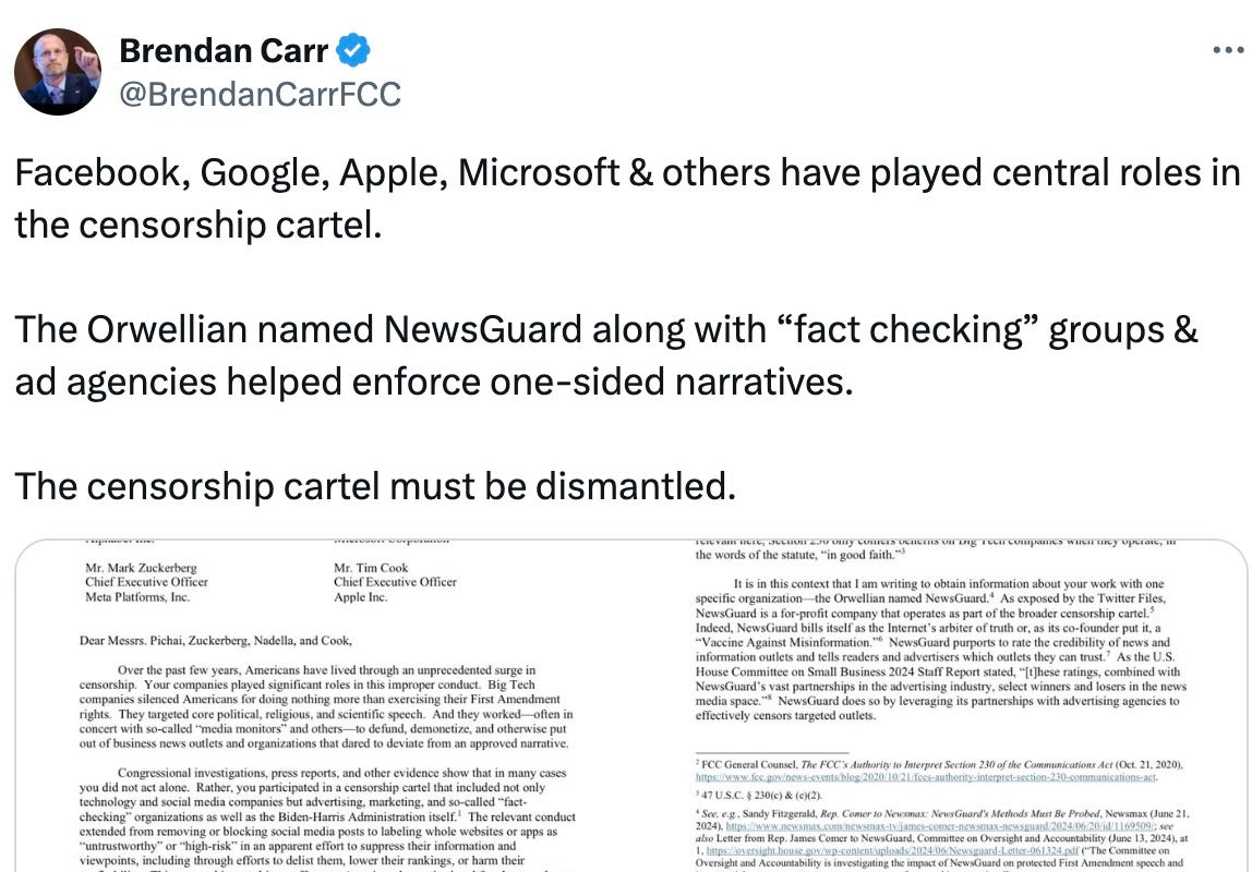 Facebook, Google, Apple, Microsoft & others have played central roles in the censorship cartel.  The Orwellian named NewsGuard along with “fact checking” groups & ad agencies helped enforce one-sided narratives.  The censorship cartel must be dismantled.