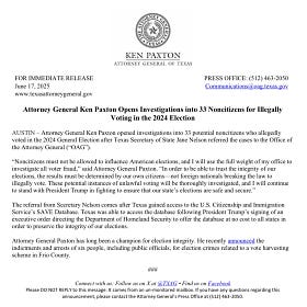 AG Ken Paxton Investigating 33 Noncitizens for Illegally Voting