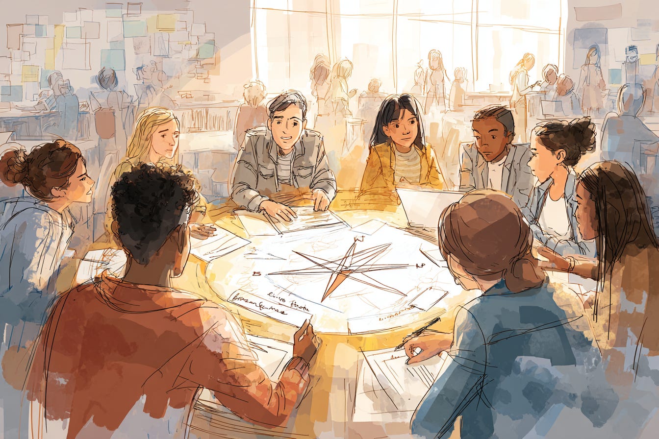 A diverse group of educators sits around a circular table in a sunlit school workspace, collaborating with laptops, notebooks, and shared papers. At the center of the table is a glowing compass marked with directional labels like “Context” and “Reciprocity,” symbolizing equity-centered decision-making. A diverse group of educators sits around a circular table in a sunlit school workspace, collaborating with laptops, notebooks, and shared papers. At the center of the table is a glowing compass marked with directional labels like “Context” and “Reciprocity,” symbolizing equity-centered decision-making.