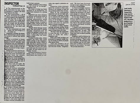 Front page as it appeared in the Morning News in 2002 with the full data analysis showing that almost half of bridges in the Pee Dee region were structurally inadequate. A second story also pictured here focused on a bridge inspector Mc Nelly Torres shadowed for days to write about what this job entailed. (Mc Nelly Torres | Don’t Forget My Voice)