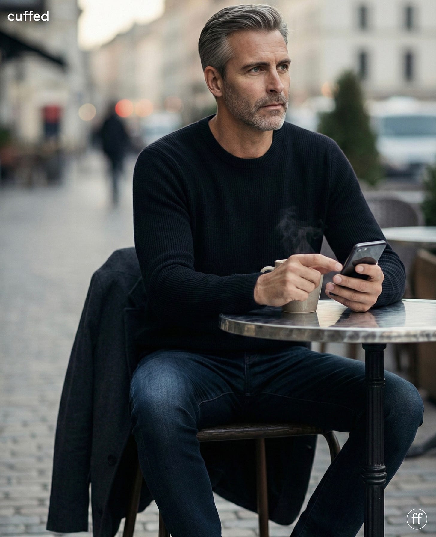 a cinematic cover image showing author seated alone at a quiet european café at dusk, wearing a dark knit sweater. he holds a lit phone with his thumb hovering, eyes distant and tense, a coffee steaming beside him. mood is restrained, reflective, and anxious. soft natural light, shallow depth of field, blurred street behind him. visual theme: clarity vs avoidance, masculine hesitation, emotional restraint. a cinematic cover image showing author seated alone at a quiet european café at dusk, wearing a dark knit sweater. he holds a lit phone with his thumb hovering, eyes distant and tense, a coffee steaming beside him. mood is restrained, reflective, and anxious. soft natural light, shallow depth of field, blurred street behind him. visual theme: clarity vs avoidance, masculine hesitation, emotional restraint.