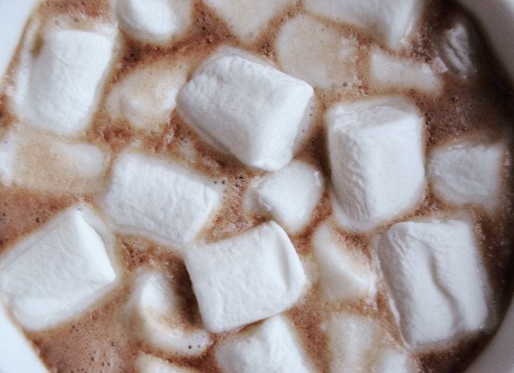 This may contain: hot chocolate with marshmallows in a white bowl